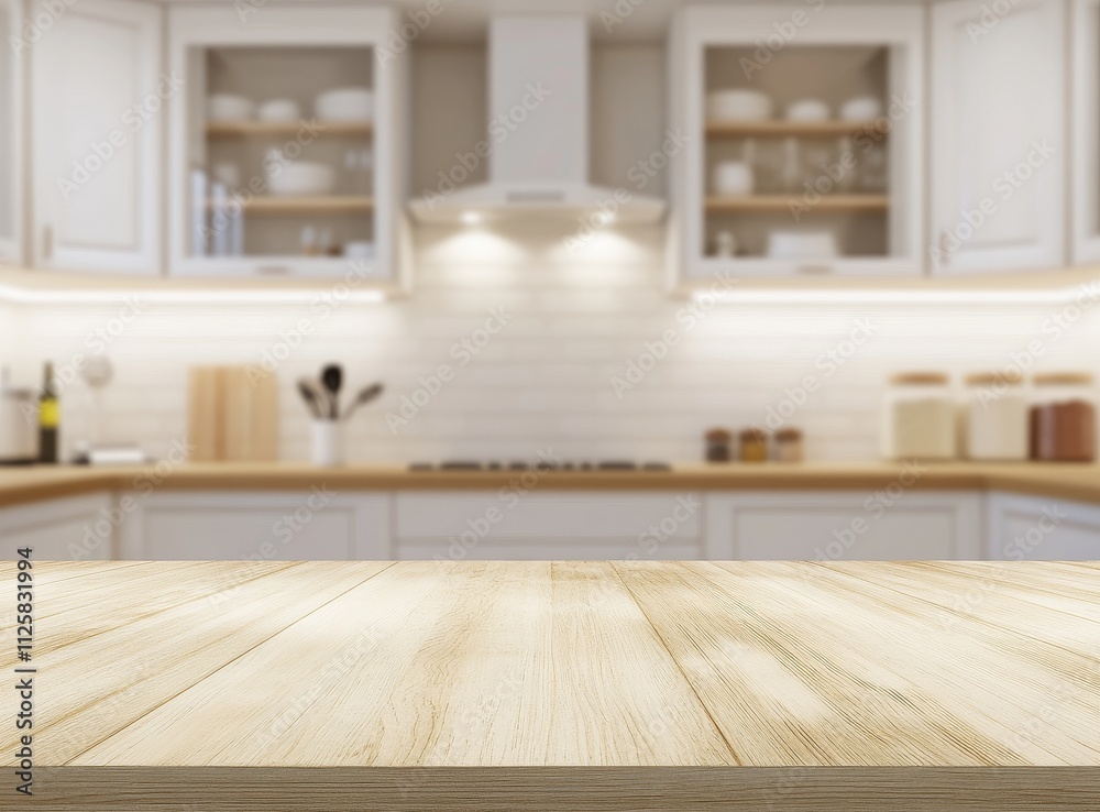 Empty wooden table in blurred bright kitchen background. Empty wooden table in blurred bright kitchen background.