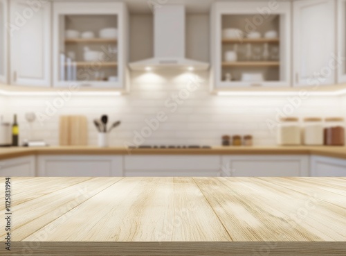 Empty wooden table in blurred bright kitchen background.