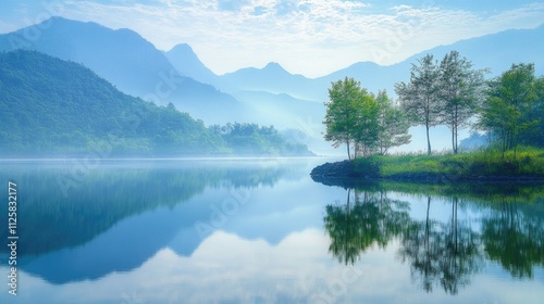 Serene Landscape of Misty Mountains and Calm Lake Reflection