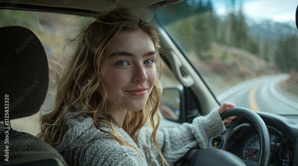 Naklejka premium Young woman with blonde hair driving a car on a scenic road trip