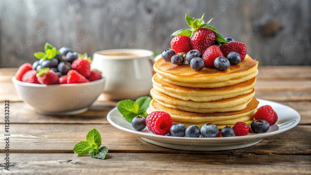 Cozy breakfast table with fluffy pancakes topped with fresh berries , pancakes, breakfast, cozy, table setting, morning, meal Cozy breakfast table with fluffy pancakes topped with fresh berries , pancakes, breakfast, cozy, table setting, morning, meal