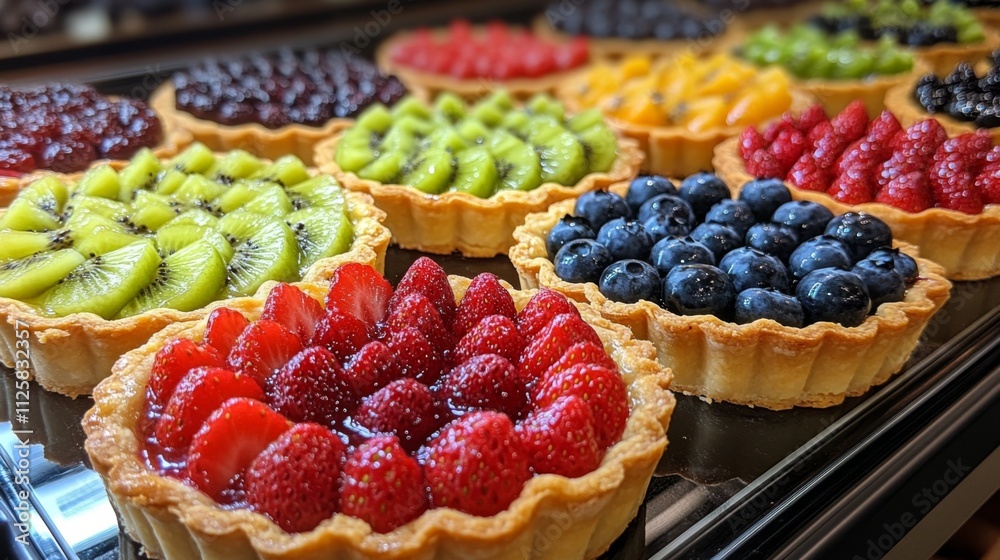 A variety of fruit tarts arranged attractively in a display case, showcasing vibrant colors of strawberries, kiwis, and blueberries under the warm afternoon light. A variety of fruit tarts arranged attractively in a display case, showcasing vibrant colors of strawberries, kiwis, and blueberries under the warm afternoon light.