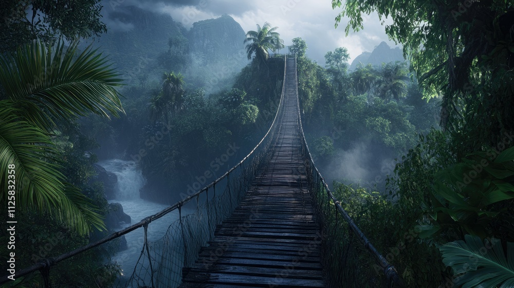 A beautiful, fog-covered suspension bridge stretches through a lush tropical forest, surrounded by mist and towering trees, inviting exploration A beautiful, fog-covered suspension bridge stretches through a lush tropical forest, surrounded by mist and towering trees, inviting exploration