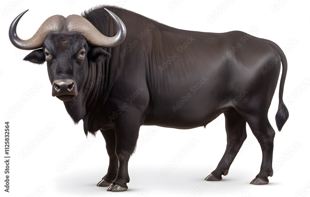 A brown buffalo isolated on a white background with horns, representing a farm animal in a rural setting A brown buffalo isolated on a white background with horns, representing a farm animal in a rural setting
