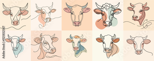 set Vector one line art illustration cow