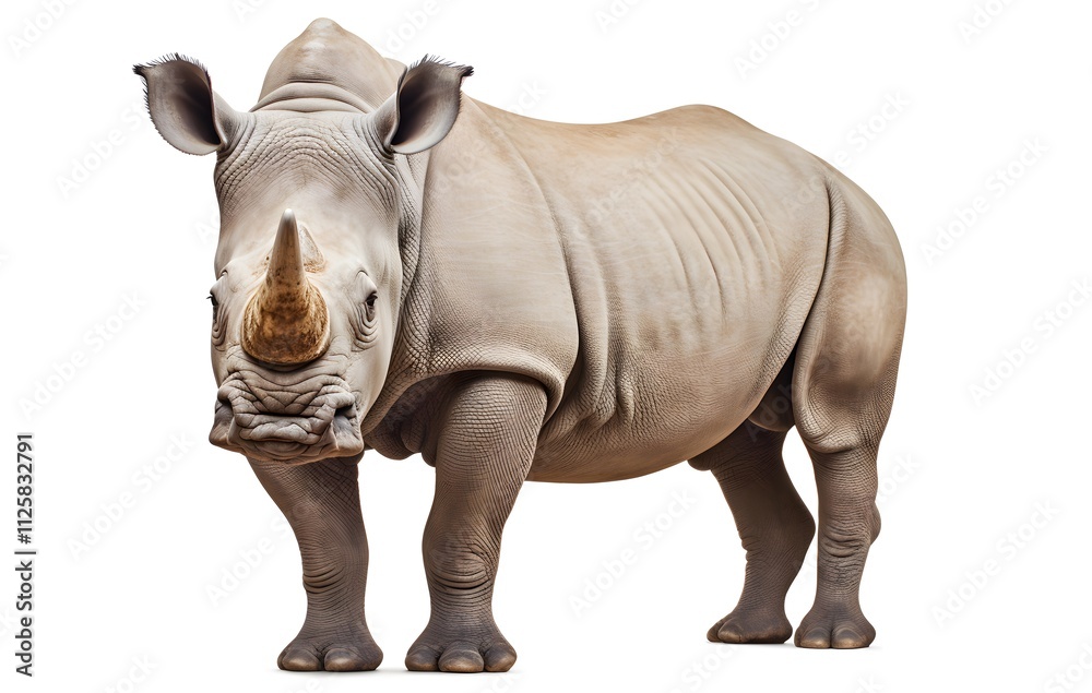 A large rhino standing isolated on a white background, showcasing its grey, horned appearance, symbolizing wildlife and nature in a safari setting A large rhino standing isolated on a white background, showcasing its grey, horned appearance, symbolizing wildlife and nature in a safari setting
