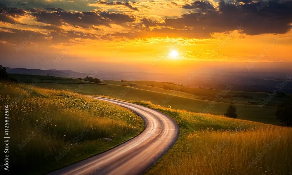 A winding road leads through lush green fields under a vibrant sunset, casting warm hues across the landscape and creating a serene, picturesque scene. A winding road leads through lush green fields under a vibrant sunset, casting warm hues across the landscape and creating a serene, picturesque scene.