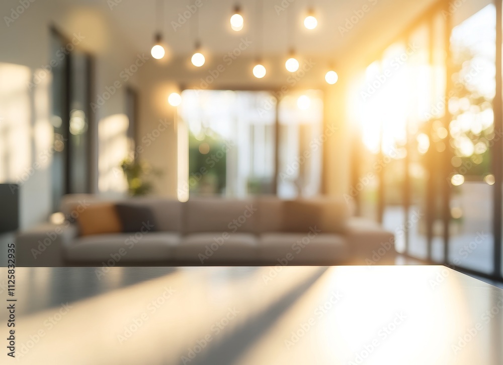 Blurred modern living room with sunlight streaming through large windows, showcasing a comfortable sofa and empty table in the foreground. Blurred modern living room with sunlight streaming through large windows, showcasing a comfortable sofa and empty table in the foreground.