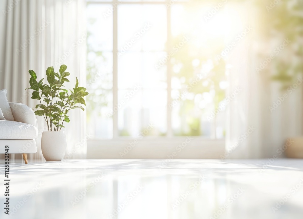 Sunlit living room with white sofa, potted plant, and large window. Sunlit living room with white sofa, potted plant, and large window.