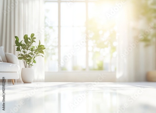 Sunlit living room with white sofa, potted plant, and large window.