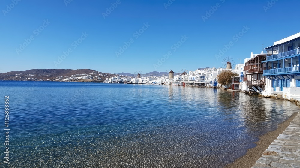 Calm Seaside View of Mykonos with Clear Water and Quaint Buildings Calm Seaside View of Mykonos with Clear Water and Quaint Buildings