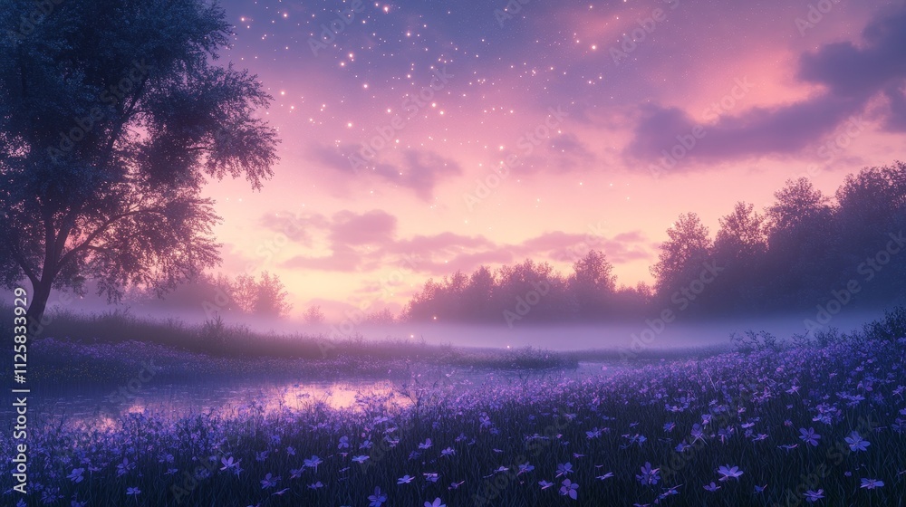 Fototapeta premium A tranquil pre-dawn landscape under a fading starlit sky, with slender trees and wildflowers bathed in ethereal light, evoking serenity, quiet anticipation, and the promise of new beginnings.