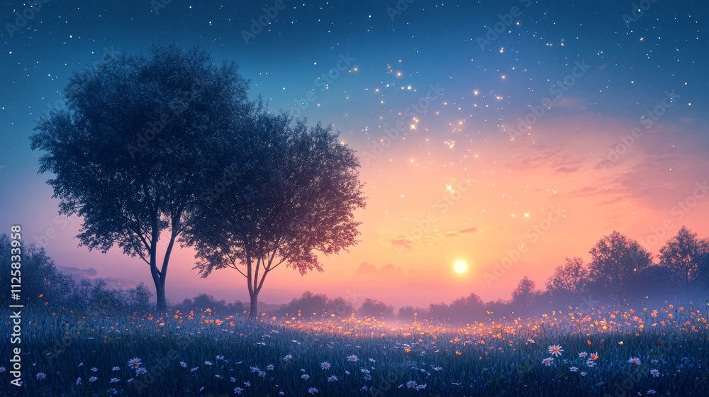 A tranquil pre-dawn landscape under a fading starlit sky, with slender trees and wildflowers bathed in ethereal light, evoking serenity, quiet anticipation, and the promise of new beginnings. A tranquil pre-dawn landscape under a fading starlit sky, with slender trees and wildflowers bathed in ethereal light, evoking serenity, quiet anticipation, and the promise of new beginnings.