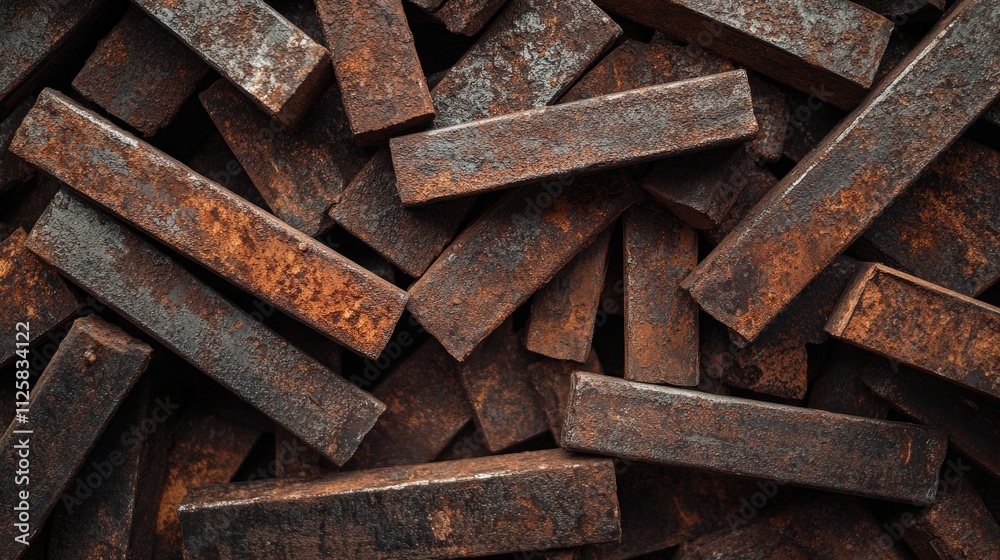 A close-up of weathered, rusted steel beams arranged in a pile, revealing intricate textures and the raw industrial aesthetic of aged materials A close-up of weathered, rusted steel beams arranged in a pile, revealing intricate textures and the raw industrial aesthetic of aged materials