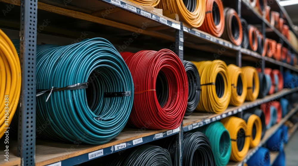 A collection of coiled hoses in various colors neatly arranged on shelves in a warehouse, ready for use in industrial settings. A collection of coiled hoses in various colors neatly arranged on shelves in a warehouse, ready for use in industrial settings.