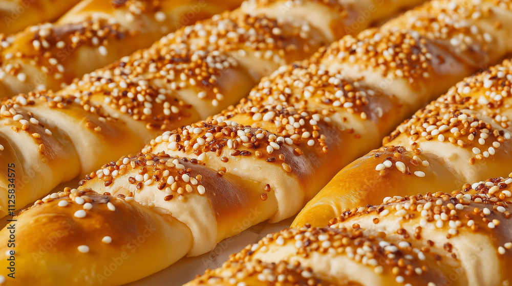 Golden-brown sesame seed rolls freshly baked and ready to serve