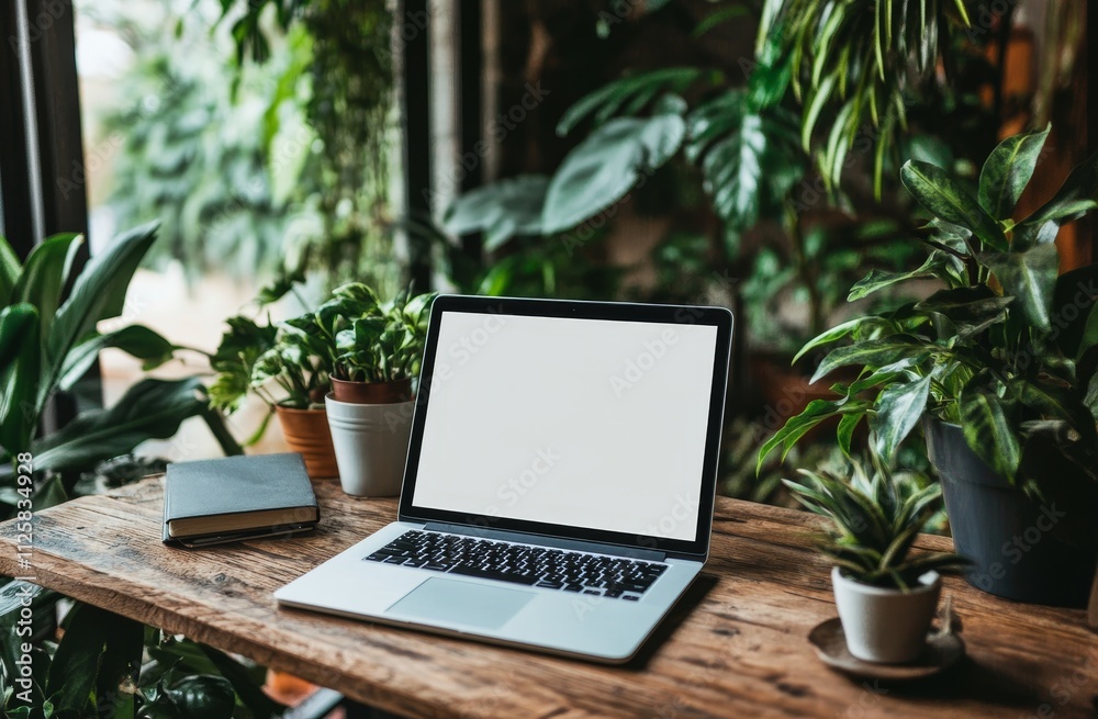 Laptop with blank screen on wooden desk surrounded by lush greenery. Laptop with blank screen on wooden desk surrounded by lush greenery.