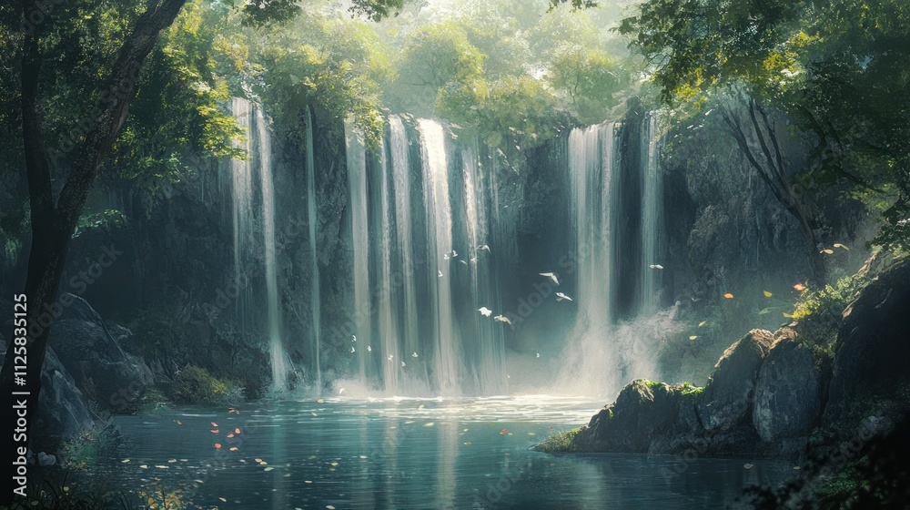 Enchanted Waterfall in Lush Forest Enchanted Waterfall in Lush Forest