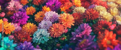 Vibrant multicolored aster flowers in full bloom, creating a colorful floral background.