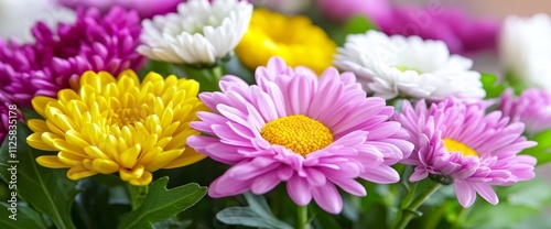 Close-up of colorful chrysanthemum flowers in a bouquet.