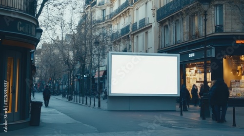Fototapeta Naklejka Na Ścianę i Meble -  A clean, blank white outdoor advertising board on a busy street, perfect for showcasing ads or promotional material.