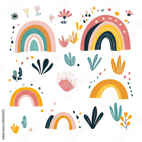 Vibrant Rainbow and Floral Delight: A whimsical illustration featuring rainbows, flowers, and abstract botanical elements. Perfect for adding a touch of joy and color to any project.