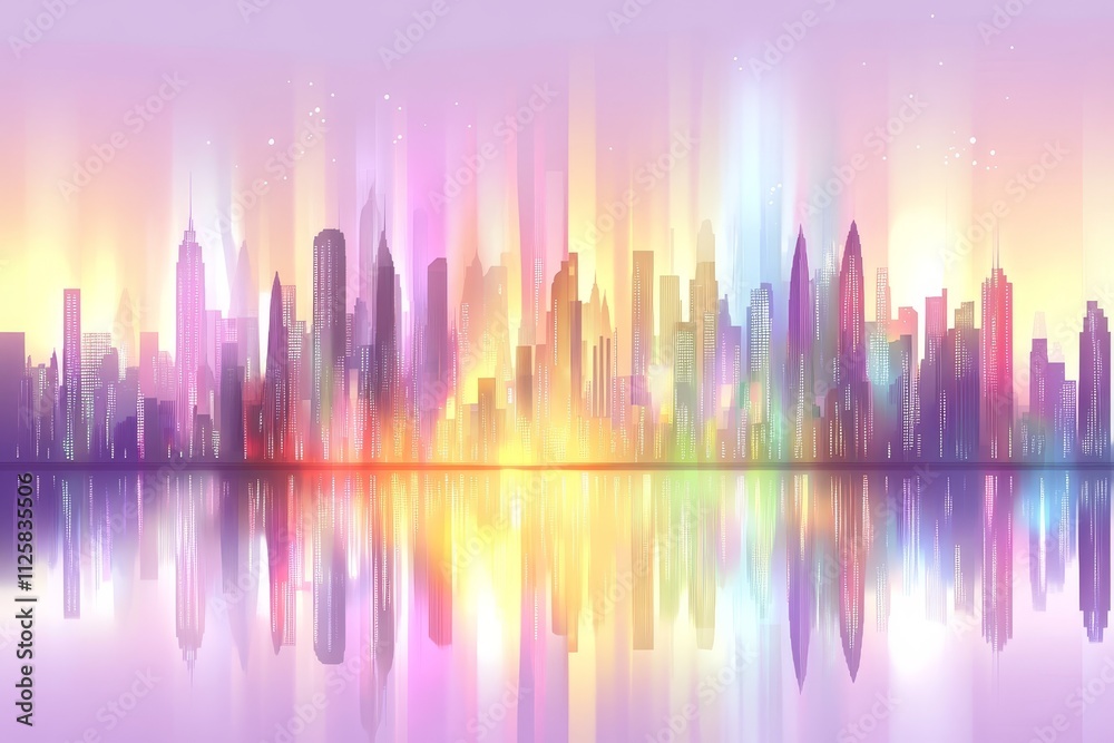 Vibrant City Skyline at Dusk with Colorful Reflections and Artistic Light Effects Showcasing Urban Life and Architecture in a Dreamy Atmosphere