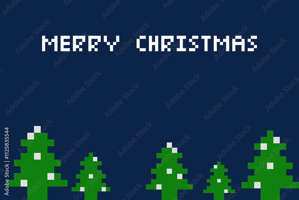 Naklejka premium Traditional Merry Christmas greeting card with pixel art design,featuring Christmas trees and snowflakes on blue background, perfect for holiday wishes, festive decorations,seasonal celebrations