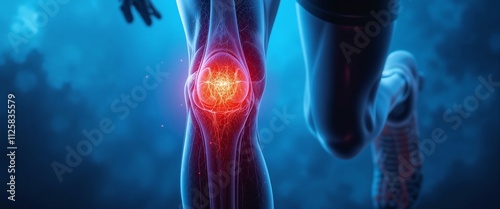 Close-up of a runner's knee with highlighted pain area, suggesting injury or strain.