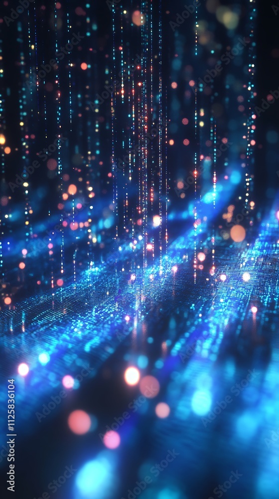 Fototapeta premium Abstract digital data stream, glowing particles and lines, blue and pink hues, technology background.