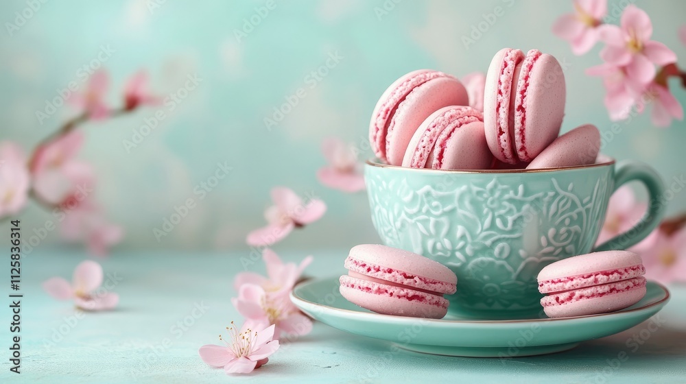 A delicate light turquoise teacup filled with soft pink macarons, set against a serene pastel background, embodying the concept of fragile beauty and elegance. A delicate light turquoise teacup filled with soft pink macarons, set against a serene pastel background, embodying the concept of fragile beauty and elegance.