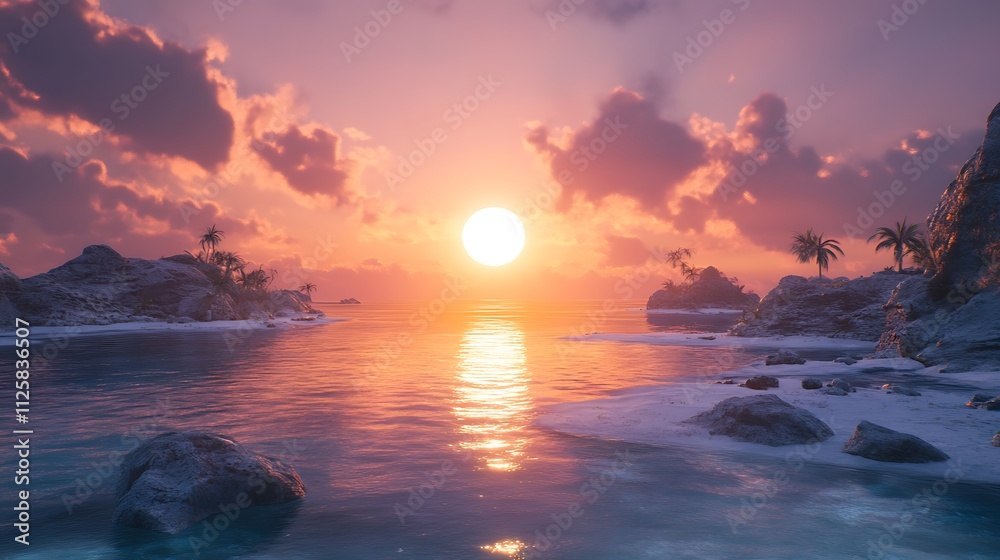 A serene sunset over a tranquil beach, with gentle waves and palm trees in the foreground. A serene sunset over a tranquil beach, with gentle waves and palm trees in the foreground.