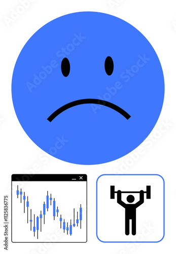 Blue sad face, stock market chart, weightlifter icon. Ideal for mental health, stock market fluctuations, fitness challenges, emotional contrasts, market instability, exercise motivation wellness photo