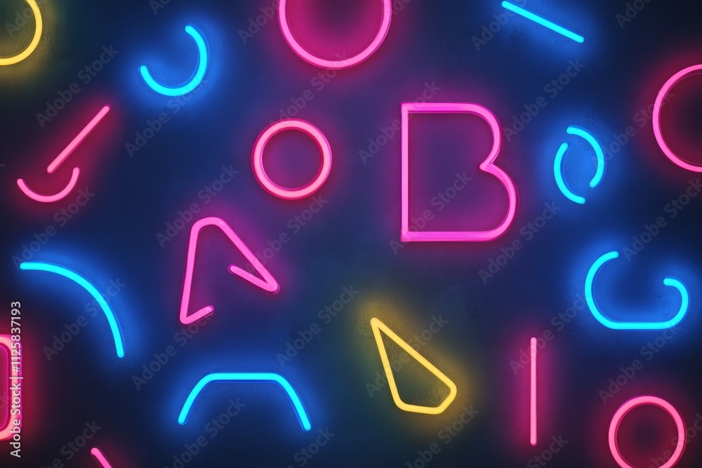 Vibrant Neon Shapes and Lines on Dark Background Creating Modern Abstract Art, Ideal for Graphic Design, Advertising, and Creative Projects Featuring Bright Colors and Playful Forms