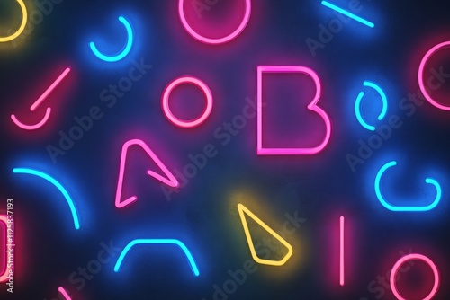 Vibrant Neon Shapes and Lines on Dark Background Creating Modern Abstract Art, Ideal for Graphic Design, Advertising, and Creative Projects Featuring Bright Colors and Playful Forms