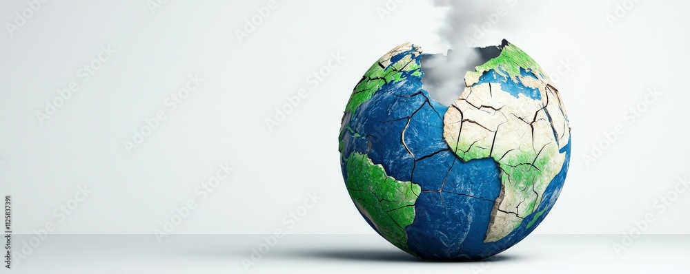 impact result environmental concept. Polluted Earth with smoke rising from a cracked surface. impact result environmental concept. Polluted Earth with smoke rising from a cracked surface.