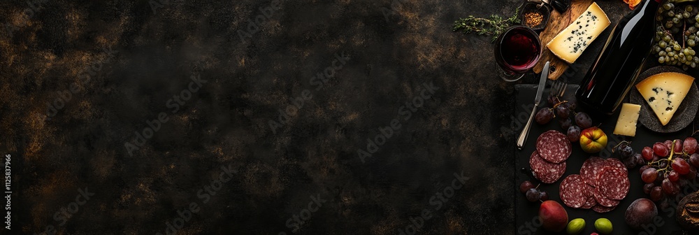 Dark rustic background with wine, cheese, salami, grapes, and figs. Dark rustic background with wine, cheese, salami, grapes, and figs.