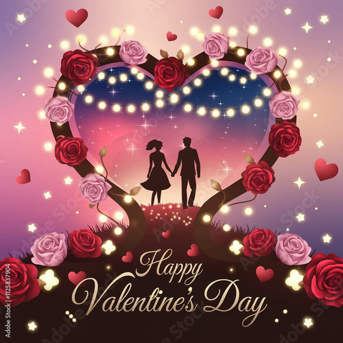 romantic Valentine's Day illustration featuring a heart-shaped design with red and pink roses