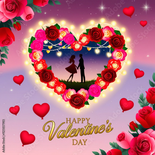 romantic Valentine's Day illustration featuring a heart-shaped design with red and pink roses