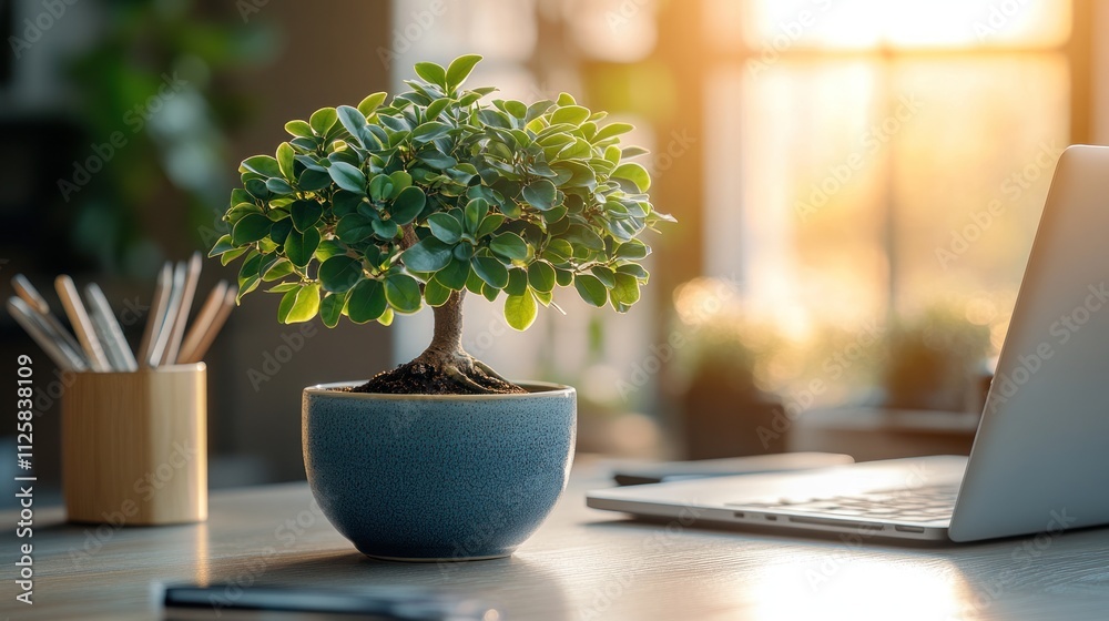 Bonsai tree on desk near laptop. Bonsai tree on desk near laptop.