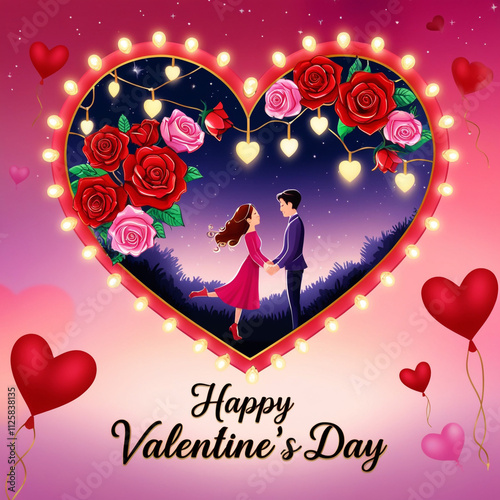 romantic Valentine's Day illustration featuring a heart-shaped design with red and pink roses