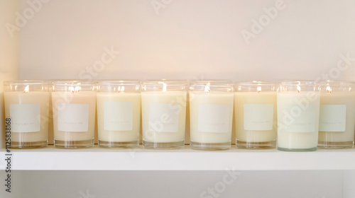 row of burning scented candles in glass jars on a white shelf in a store