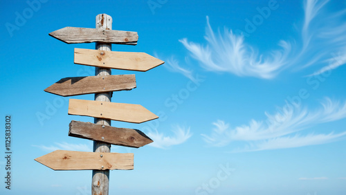 Abandoned blank old wooden direction sign with sky background - Generative AI