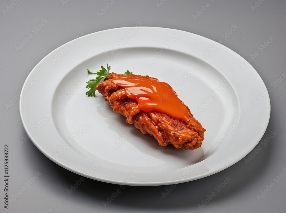 A single buffalo wing coated in vibrant orange-red sauce, placed on a small, round white plate. A single buffalo wing coated in vibrant orange-red sauce, placed on a small, round white plate.