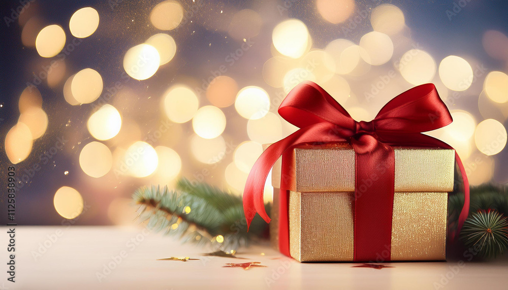 Abstract Christmas Banner, Gift box with magic bokeh lights background. generate AI Abstract Christmas Banner, Gift box with magic bokeh lights background. generate AI