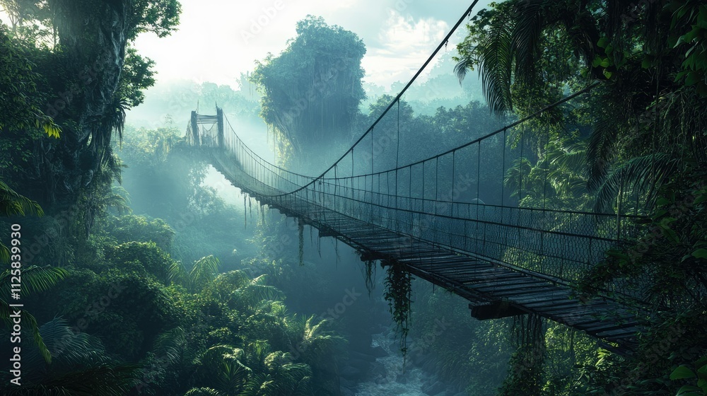Fototapeta premium A misty suspension bridge winds through a lush tropical forest, disappearing into the dense greenery, evoking a sense of mystery and adventure