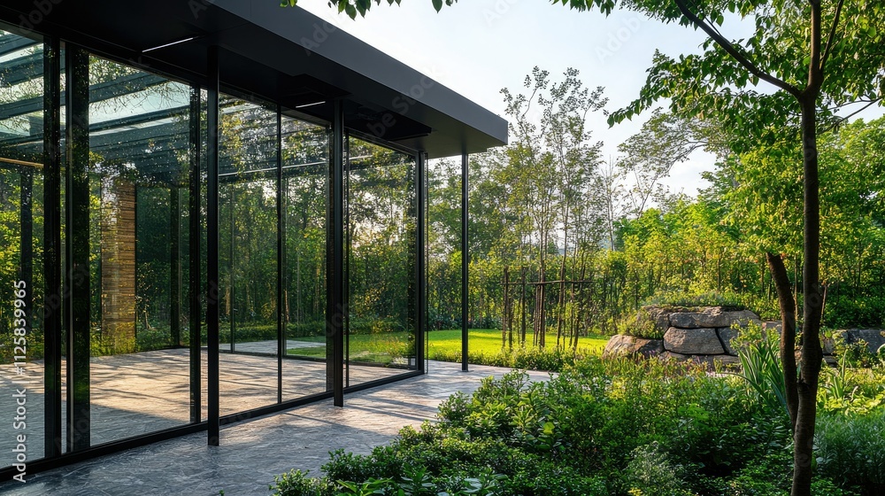 A modern glass structure blends into nature, offering a clear, unobstructed view of lush greenery and scenic landscapes beyond the glass panels A modern glass structure blends into nature, offering a clear, unobstructed view of lush greenery and scenic landscapes beyond the glass panels