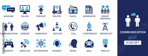 Communication best solid icon set collection. Speak, massage, online meeting, podcast, pouter, radio, newspaper, website, announce, discuss and vector illustration.