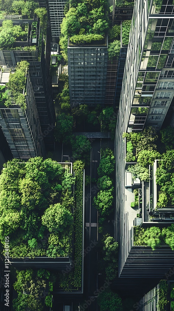 Obraz premium Aerial view of a green urban landscape with buildings integrated into nature.