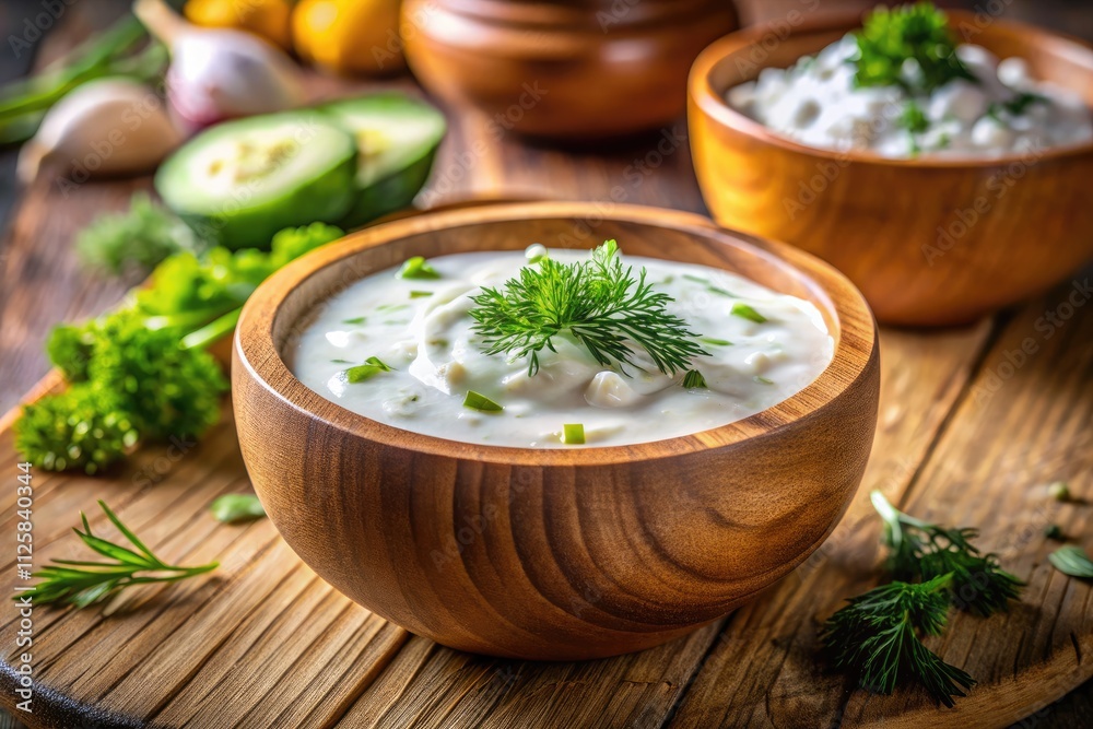 Creamy tzatziki, a Greek yogurt dip, showcased in a rustic bowl with a dreamy tilt-shift effect. Creamy tzatziki, a Greek yogurt dip, showcased in a rustic bowl with a dreamy tilt-shift effect.